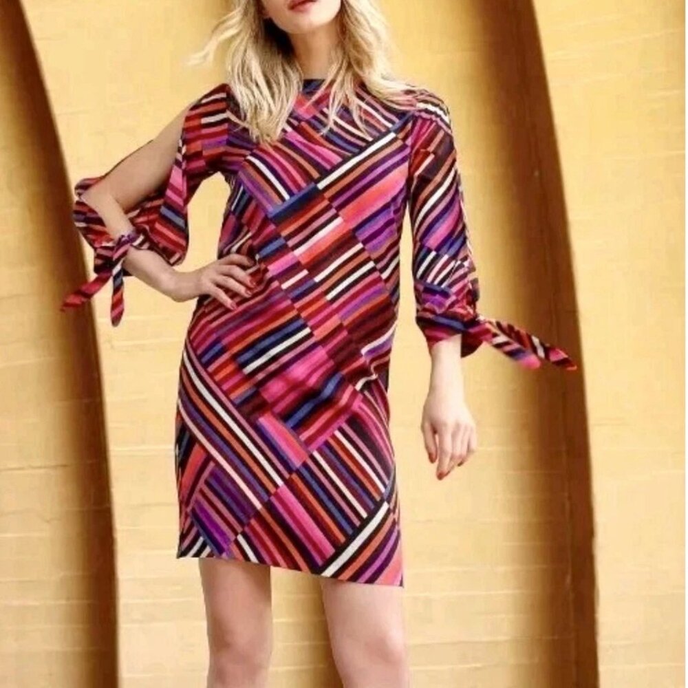 Trina Turk Jaxon Shift Dress Sz M Geometric Stripes Slit Tie Sleeve Lux Preppy